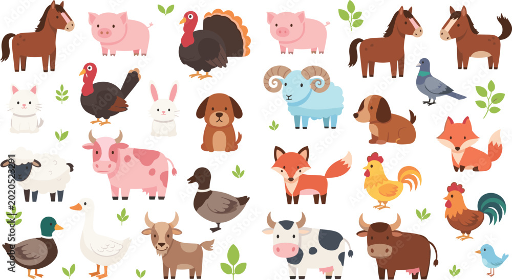 Fototapeta premium Farm and Wildlife Animals Illustration Set with Cow, Pig, Sheep, Horse, Chicken, Duck, Fox, and Forest Creatures for Agriculture and Nature Design
