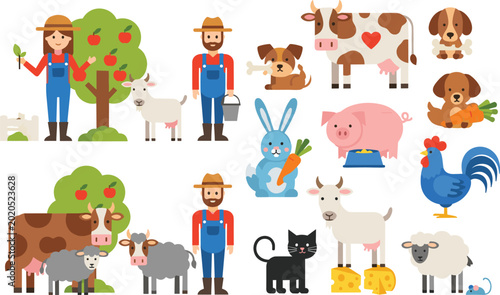Quadro su tela Farm Life Illustration Set with Farmers, Animals, Orchard, Livestock, and Rural