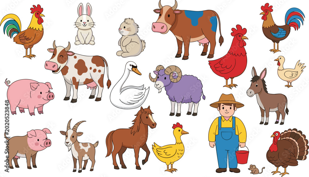 Fototapeta premium Farm Animals Illustration Set with Cow, Pig, Chicken, Sheep, Goat, Horse, Donkey, Rabbit, and Farmer Character for Agriculture and Rural Life Design