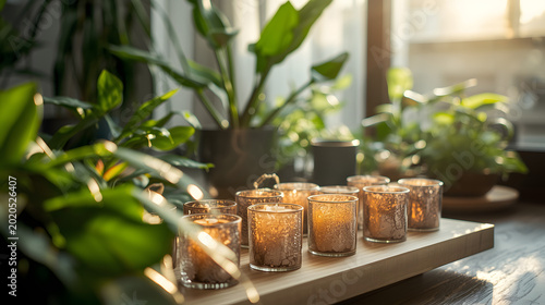 Cozy Decorative Candles with Indoor Plants in Warm Sunlight
