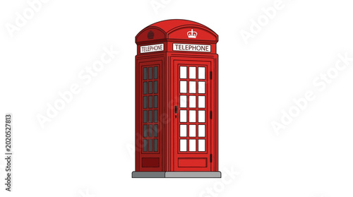 Classic iconic red telephone box isolated on white background.
