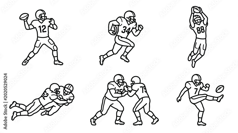 Fototapeta premium Set of American Football Player Line Art Illustrations.