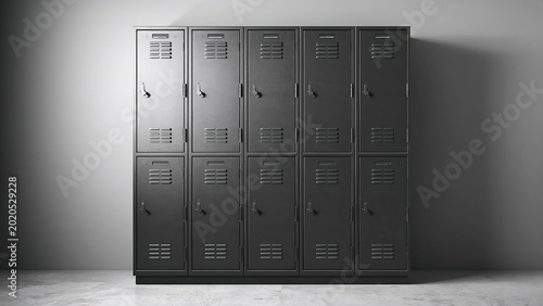 A bank of dark gray metal lockers in a row, against a stark gray wall with a concrete floor
