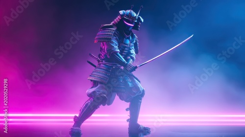 Samurai Warrior in Neon Lights