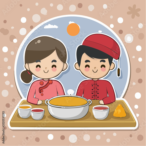 Children in Traditional Asian Attire Sharing a Meal