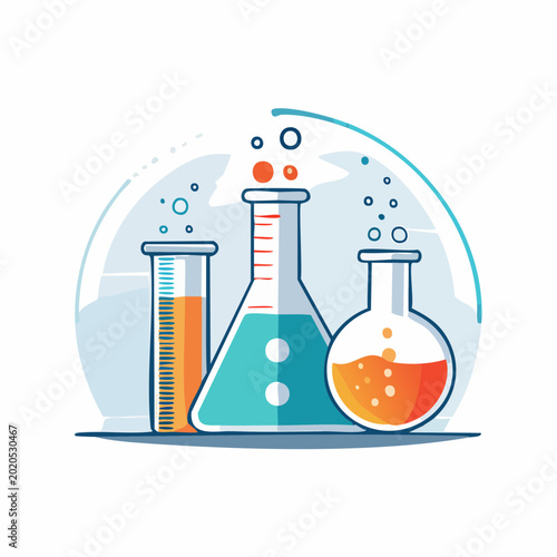 Laboratory glassware with colorful liquids and bubbles