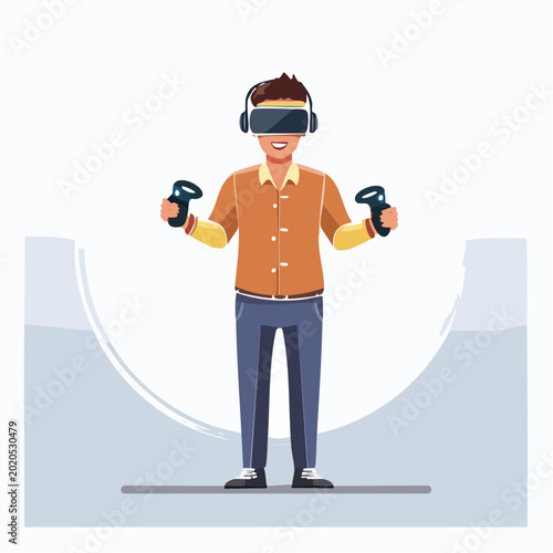 Man wearing VR headset and holding controllers