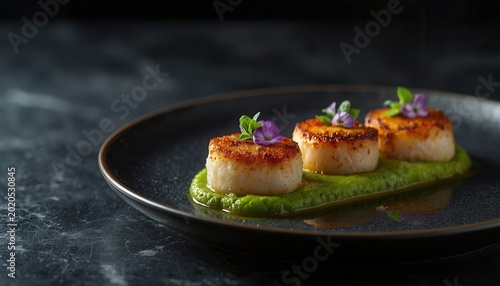 Elegant plate of seared scallops on green puree topped with purple flowers fine dining food photography plated food purple flower pan seared food styling main course seafood dish luxury food
