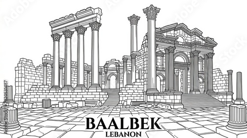 Ancient Baalbek Ruins in Lebanon Line Drawing Perspective