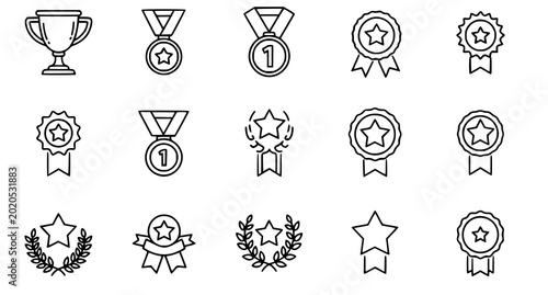 Achievement icons set awards stars medals and laurels line art vector illustration