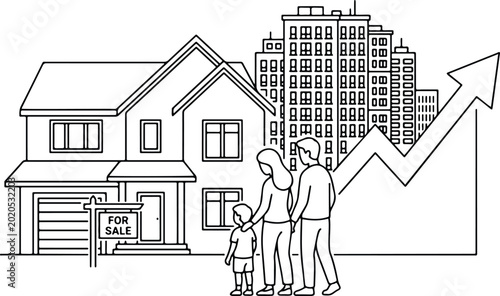 Fotografia Real Estate Housing Market Crisis Illustration with Family Looking at House and