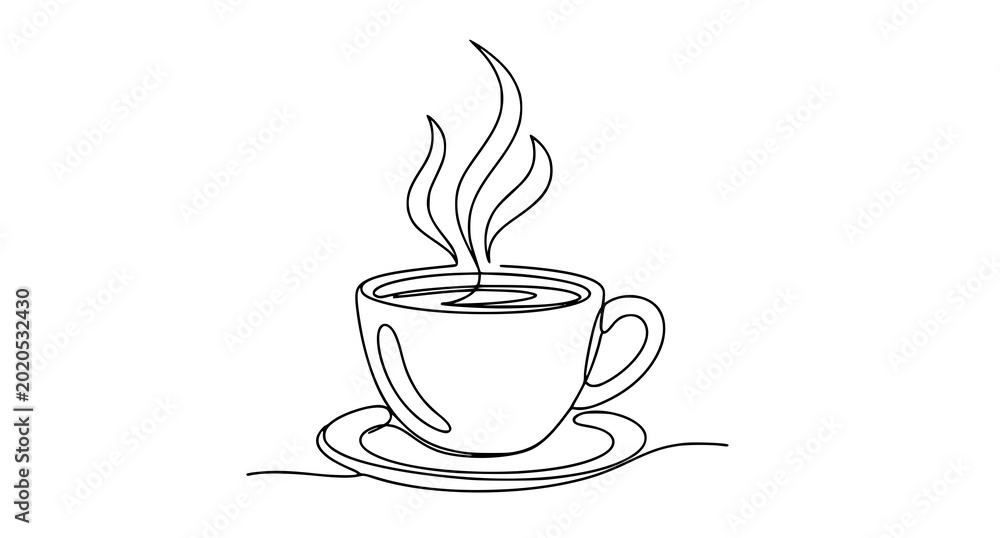 Εκτύπωση καμβά Continuous line drawing of a steaming hot cup of coffee on a saucer