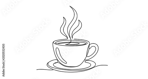 Εκτύπωση καμβά Continuous line drawing of a steaming hot cup of coffee on a saucer