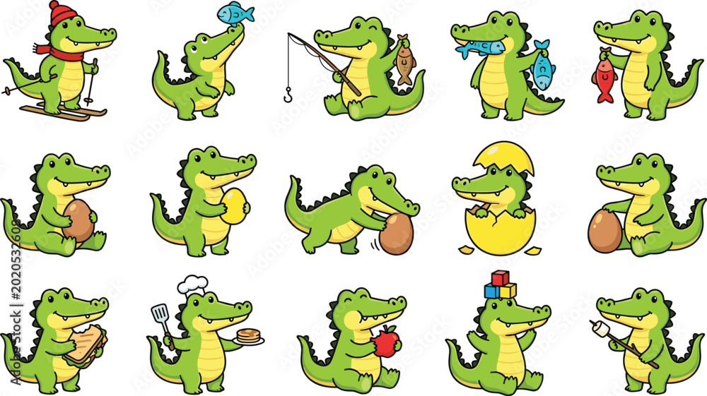 Obraz premium Cute Cartoon Crocodile Mascot Character Set Pack Featuring Diverse Activities Like Fishing, Skiing, Cooking, Eating, Hatching From Egg, and Roasting Marshmallows for Kids Designs
