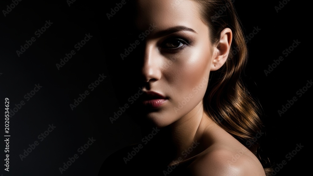 Fototapeta premium A beauty portrait of a woman with half her face lit and the other in shadow.