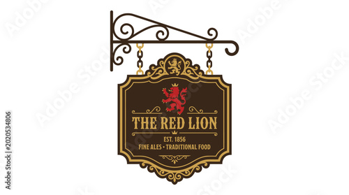 Vintage style Red Lion pub sign hanging on a wrought iron bracket.