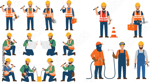 Bilde på lerret Construction Worker Character Set with Tools, Repair Tasks, Welding, Planning, a