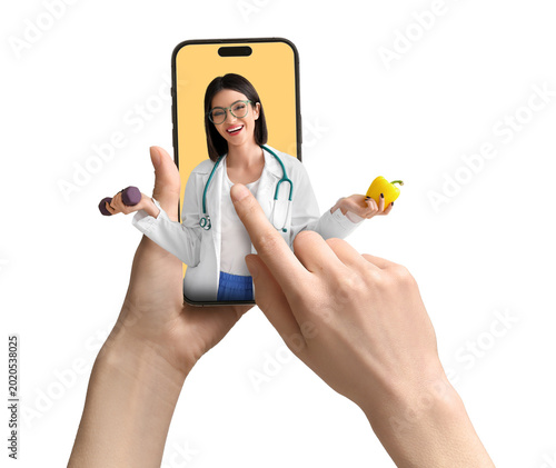 Female nutritionist with dumbbell and bell pepper on green background