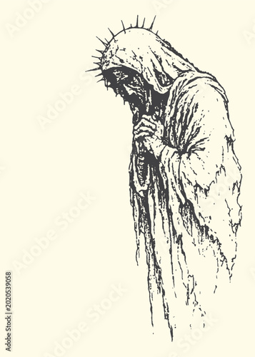 Canvas Print Figure in a hooded robe wearing a crown of thorns with hand drawn clothing relig