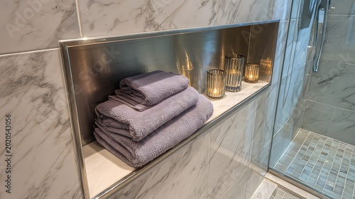 Modern Bathroom Shower Niche with Folded Grey Towels and Decorative Candles.