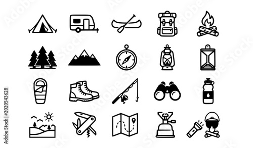 Tableau sur toile Comprehensive Camping and Outdoor Adventure Icon Set Featuring Tents RVs Hiking