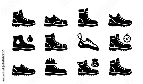 Fotografía Comprehensive Industrial Safety and Outdoor Footwear Icon Set Featuring Work Boo