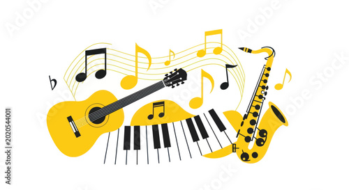 Fotografia Musical Instruments and Notes Collage: Guitar, Saxophone, Piano Keys