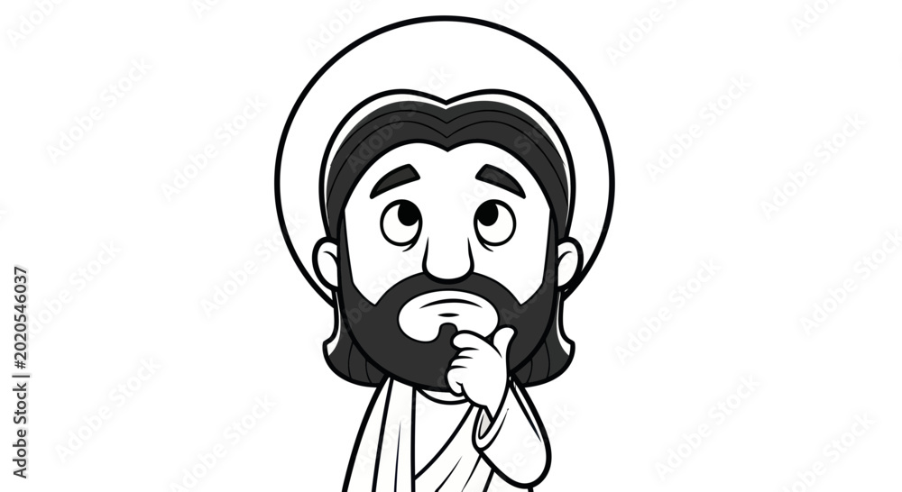 Fototapeta premium Cartoon Jesus Thinking Pensive Thoughtful Pose Halo White Background