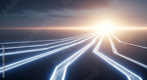 Abstract futuristic illuminated pathways leading towards bright light source