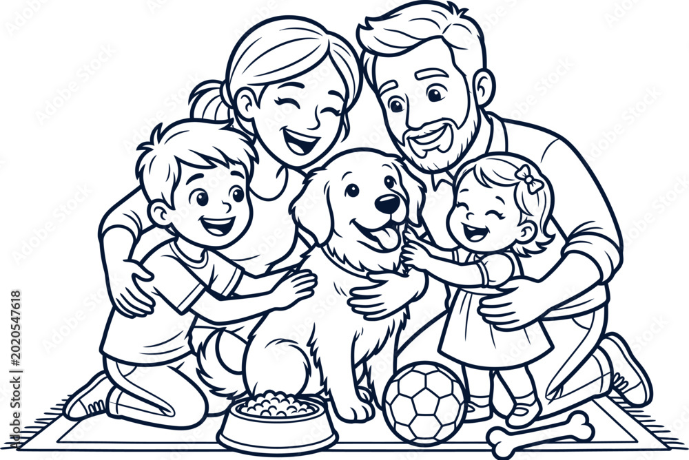 Fototapeta premium Happy family with dog line art illustration pet food advertisement concept