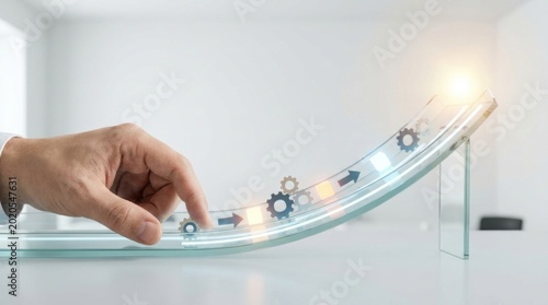 Person's hand gently touching a glass structure symbolizing business success path and future opportunities ahead