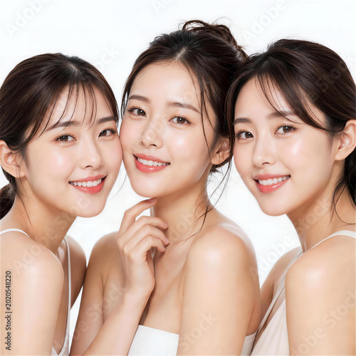白背景で顔を寄せ合って笑顔を見せる3人の女性のビューティーポートレート