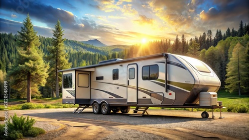 Fifth wheel trailer parked at a campground