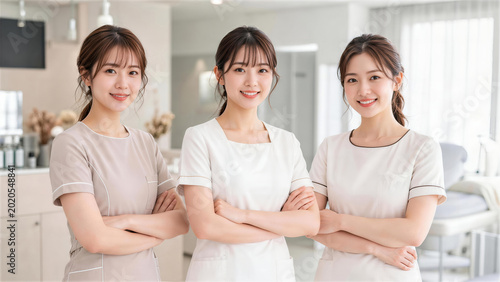 Plakat サロンの店内で腕を組んで笑顔を見せる3人の女性スタッフ