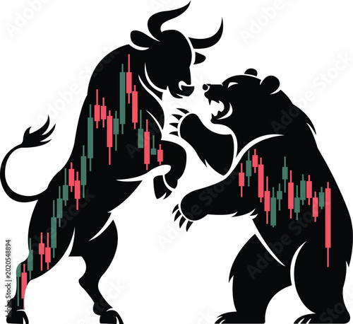 Bull and bear stock market silhouettes with candlestick charts, financial trading concept vector, aggressive market trend battle illustration