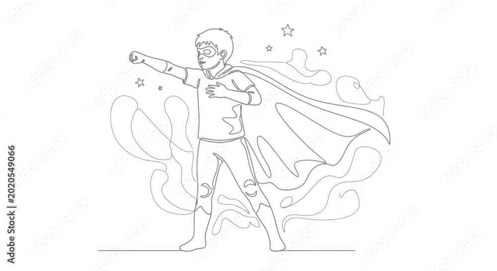Fototapeta premium Young Boy Superhero Pose, Flying, Outline Drawing, Kids Imagination, Power Concept