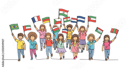 Tableau sur toile Diverse children holding international flags, celebrating unity and global frien
