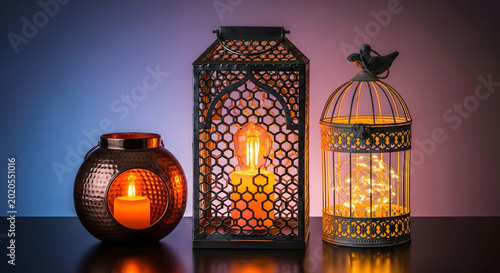 Decorative Ramadan Lanterns Glowing with Warm Candle Light