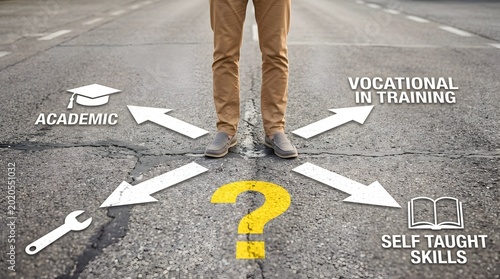 Man Standing at Crossroads Pondering Education Paths Representing Career Development and Learning Strategies