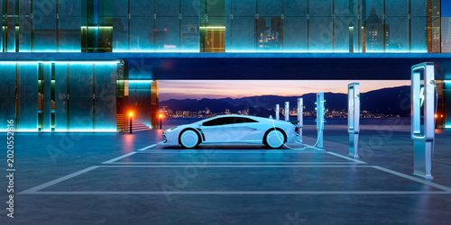 3d rendering white electric car charging at futuristic station