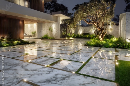 Modern home exterior at night with illuminated marble patio and lush landscaping