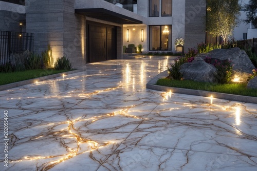 Modern home exterior features a marble driveway reflecting soft golden light at dusk