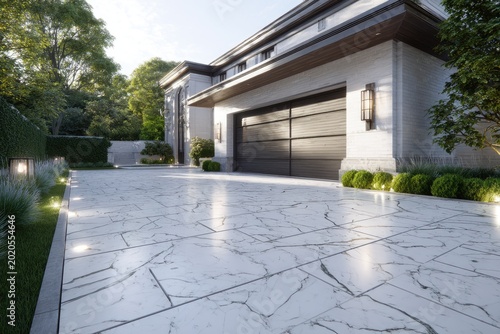 Modern home exterior features a marble driveway leading to a garage. Landscaping and lighting enhance the facade