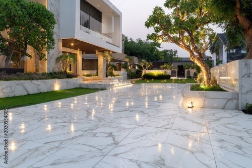 Modern home with marble paved driveway, illuminated. Lush landscaping and evening twilight ambiance