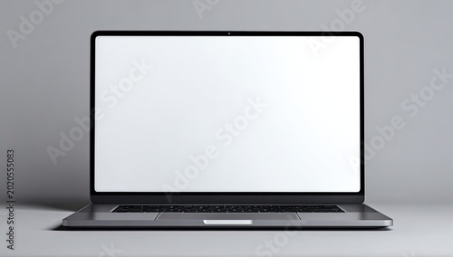 Modern laptop mockup with blank white screen, front view on a grey surface