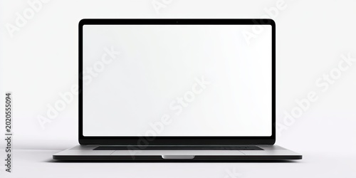Modern laptop mockup with blank white screen on plain white background. Front view
