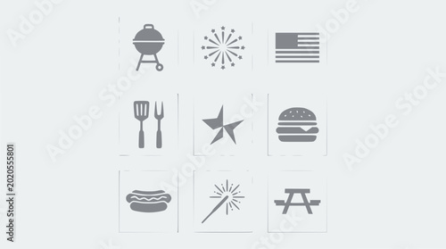American Summer Celebration Icons: BBQ, Fireworks, Flag, Burger, Hot Dog, Picnic Table