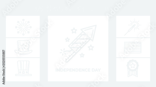 Independence Day Icons: Firework, Rocket, USA Flag, Uncle Sam Hat, Sparkler, Badge