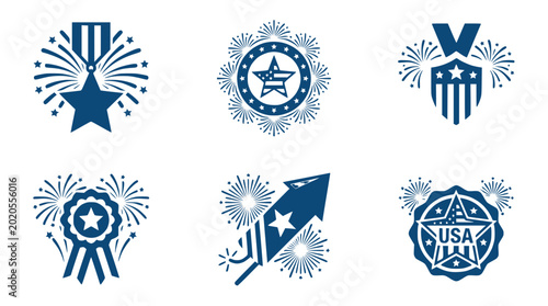 USA Patriotic Icons Set: Stars, Ribbons, Fireworks, Rocket - Blue & White Vector Graphics