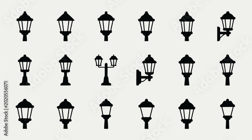 Collection of Vintage Lantern Icons, Streetlight Silhouettes, Outdoor Lighting Symbols
